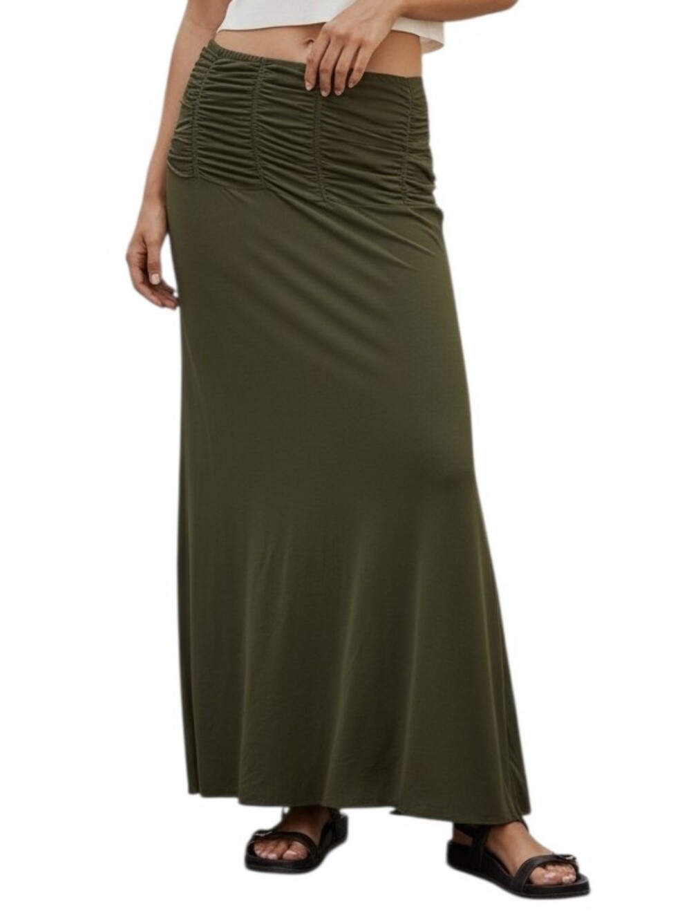Maeve Olive Green Ruched Waist Maxi Skirt
